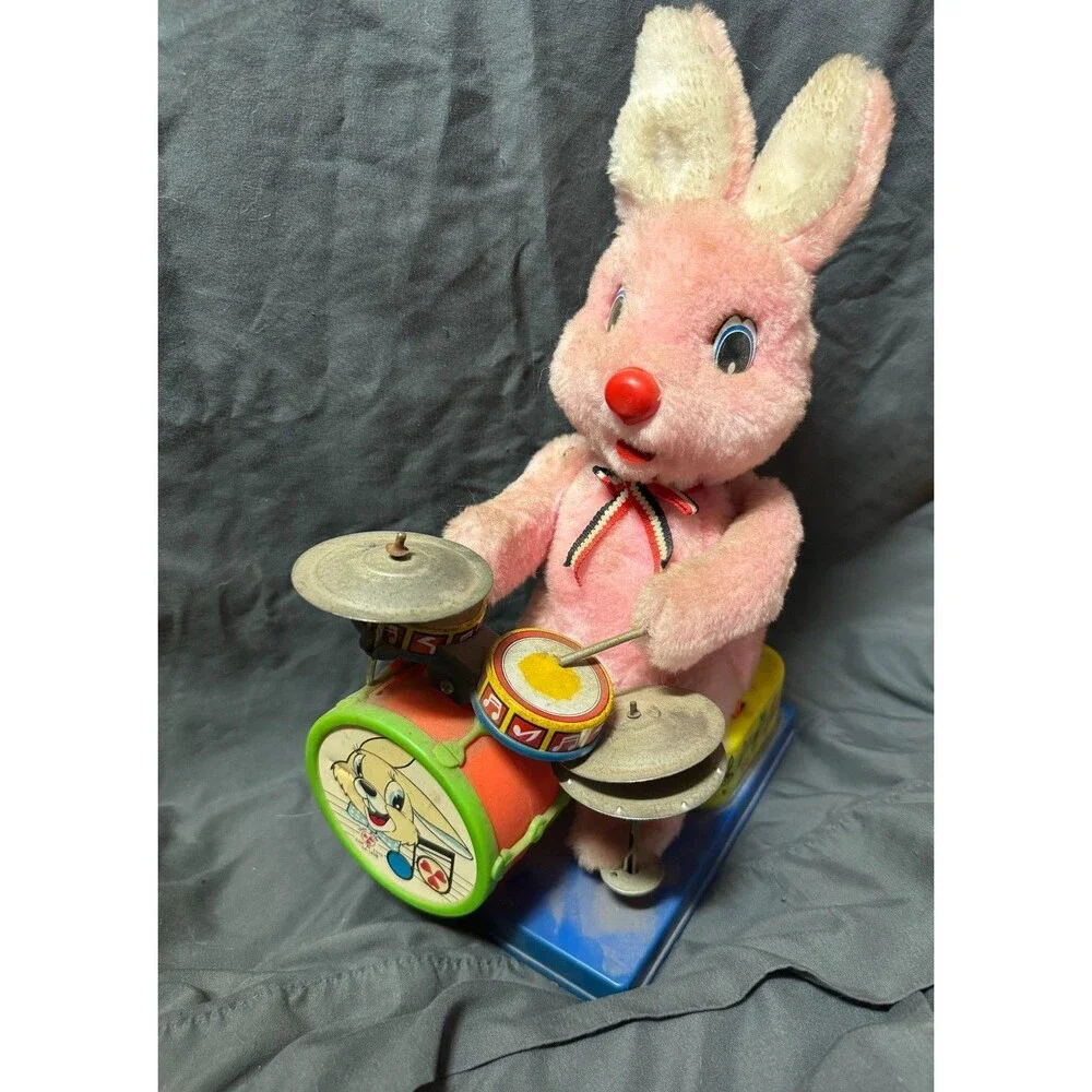 Vintage Son-Ai Toys Japan Pink Bunny Rabbit Drummer Tin Litho Battery Toy Parts